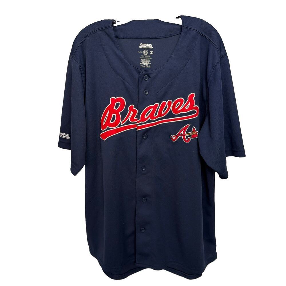 Stitches Atlanta Braves MLB Baseball Jersey Button Up Red Navy XL